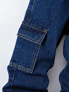 SHEIN Young Boy Casual Loose Fit Contrast Stitching Straight Leg Cargo Jeans, Versatile, School, Campus, College Chic For Autumn/Winter - Dark Wash - View 8
