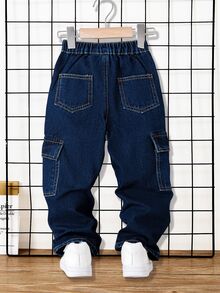 SHEIN Young Boy Casual Loose Fit Contrast Stitching Straight Leg Cargo Jeans, Versatile, School, Campus, College Chic For Autumn/Winter - Dark Wash - View 3