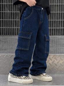 SHEIN Young Boy Casual Loose Fit Contrast Stitching Straight Leg Cargo Jeans, Versatile, School, Campus, College Chic For Autumn/Winter - Dark Wash - View 4
