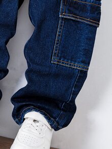SHEIN Young Boy Casual Loose Fit Contrast Stitching Straight Leg Cargo Jeans, Versatile, School, Campus, College Chic For Autumn/Winter - Dark Wash - View 7