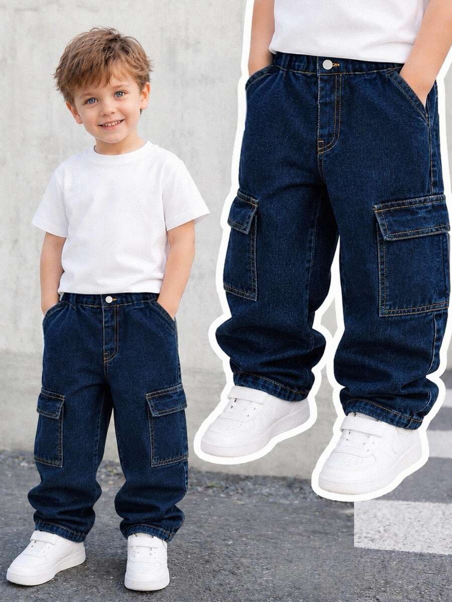 SHEIN Young Boy Casual Loose Fit Contrast Stitching Straight Leg Cargo Jeans, Versatile, School, Campus, College Chic For Autumn/Winter