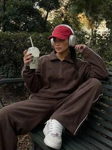 Livesso Women's Brown Striped Lapel Sporty Top And Sweatpants Casual Two Pieces Set Lounge Travel Autumn Airport - Brown - View 1