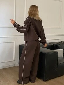 Livesso Women's Brown Striped Lapel Sporty Top And Sweatpants Casual Two Pieces Set Lounge Travel Autumn Airport - Brown - View 2