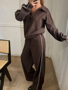 Livesso Women's Brown Striped Lapel Sporty Top And Sweatpants Casual Two Pieces Set Lounge Travel Autumn Airport - Brown - View 4