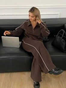 Livesso Women's Brown Striped Lapel Sporty Top And Sweatpants Casual Two Pieces Set Lounge Travel Autumn Airport - Brown - View 6