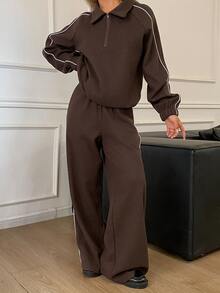 Livesso Women's Brown Striped Lapel Sporty Top And Sweatpants Casual Two Pieces Set Lounge Travel Autumn Airport - Brown - View 8