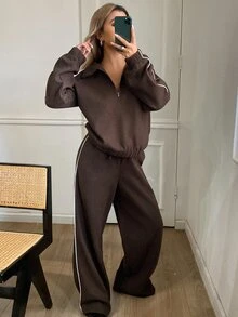 Livesso Women's Brown Striped Lapel Sporty Top And Sweatpants Casual Two Pieces Set Lounge Travel Autumn Airport - Brown - View 3