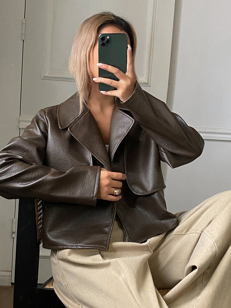 Livesso Autumn Winter Dark Brown Lapel Zipper Long Sleeve Slim Fit Pocket Decor Short Casual Regular Women's Leather Jacket Night Out - Brown - View 6