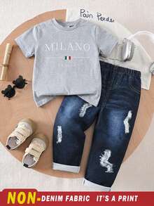 SHEIN [Denim Effect] 男童 4-7 歲夏季休閒圓領短袖字母印花上衣與牛仔效果長褲套裝，舒適版型，適合戶外玩耍與花童穿著 - 灰色 - 查看 2