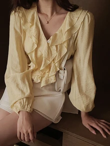 DAZY Women's Solid Color Patchwork Ruffle Long Sleeve Fashion Blouse - Yellow - View 9
