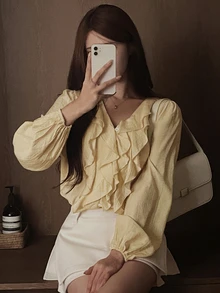 DAZY Women's Solid Color Patchwork Ruffle Long Sleeve Fashion Blouse - Yellow - View 10