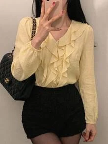 DAZY Women's Solid Color Patchwork Ruffle Long Sleeve Fashion Blouse - Yellow - View 2