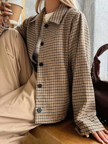 Livesso Women's Plaid Single-Breasted Casual French Classic Retro Versatile Daily Long Sleeve Jacket Autumn Travel Night Out Breakfast Everyday Black Plaid - Khaki - View 3
