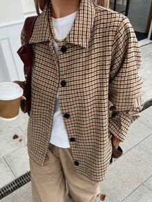 Livesso Women's Plaid Single-Breasted Casual French Classic Retro Versatile Daily Long Sleeve Jacket Autumn Travel Night Out Breakfast Everyday Black Plaid - Khaki - View 9