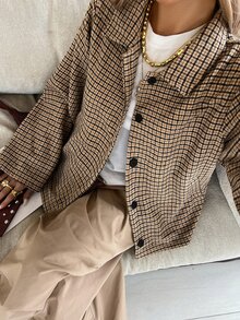Livesso Women's Plaid Single-Breasted Casual French Classic Retro Versatile Daily Long Sleeve Jacket Autumn Travel Night Out Breakfast Everyday Black Plaid - Khaki - View 4