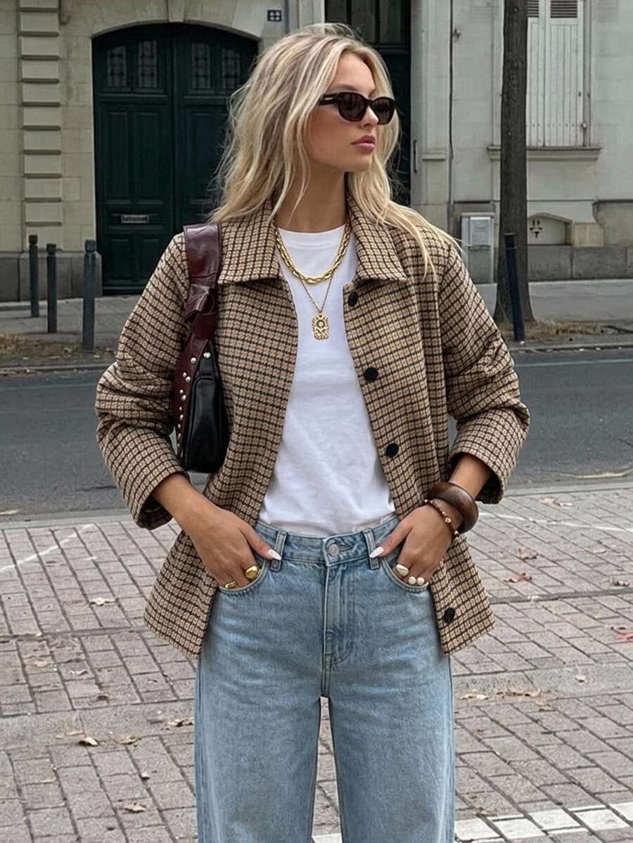 Livesso Women's Plaid Single-Breasted Casual French Classic Retro Versatile Daily Long Sleeve Jacket Autumn Travel Night Out Breakfast Everyday Black Plaid - Khaki - View 1