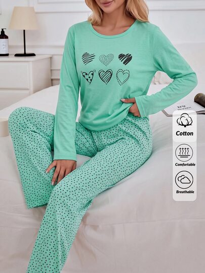 SHEIN Cottnline Plus Cotton 2 Pcs Heart Printed Round Neck Long Sleeved Sleep Tee + Long Sleep Pants Casual Pjm Set Bridal Night Black Mint Green Winter