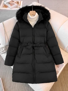SHEIN Kids Tween Girls Autumn/Winter Casual Street Fashion Padded Hooded Coat With Faux Fur Trim And , -Length, Suitable For Back To School And Daily Wear - Black - View 2