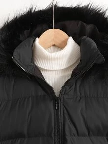 SHEIN Kids Tween Girls Autumn/Winter Casual Street Fashion Padded Hooded Coat With Faux Fur Trim And , -Length, Suitable For Back To School And Daily Wear - Black - View 5
