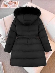 SHEIN Kids Tween Girls Autumn/Winter Casual Street Fashion Padded Hooded Coat With Faux Fur Trim And , -Length, Suitable For Back To School And Daily Wear - Black - View 4