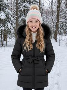 SHEIN Kids Tween Girls Autumn/Winter Casual Street Fashion Padded Hooded Coat With Faux Fur Trim And , -Length, Suitable For Back To School And Daily Wear - Black - View 3