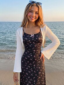 SHEIN 青少年女孩秋冬春季針織提花喇叭袖開襟衫與提花細肩帶洋裝套裝，甜美休閒優雅風 - 黑色 - 查看 2