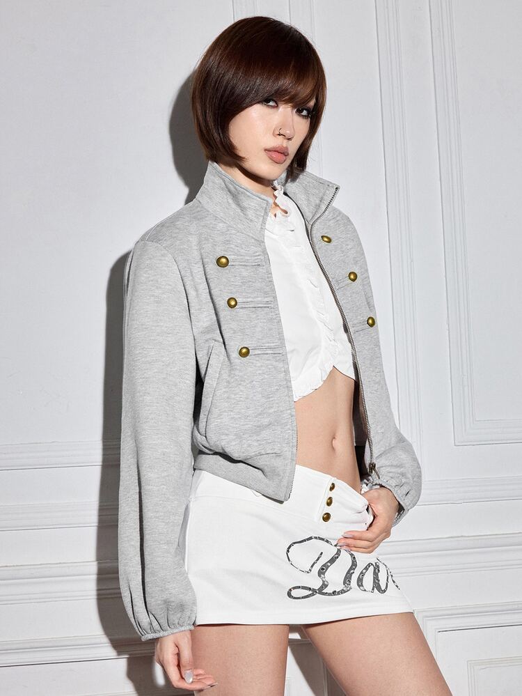 ROMWE Y2K Napoleon Style Bronze Metal Buckle Grey Cropped Women's Sweatshirt - Grey - View 6
