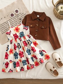 Emery Rose Kids Emery Rose Kids 少女編織素色休閒開襟衫與碎花細肩帶洋裝2件套 - 彩色 - 查看 5
