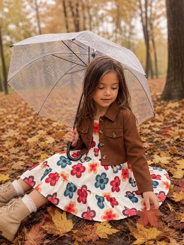 Emery Rose Kids Emery Rose Kids Set 2 Potong: Kardigan Kasual Tenun Warna Polos untuk Anak Perempuan dan Gaun Cami Motif Bunga Kecil - MultiWarna - View 3