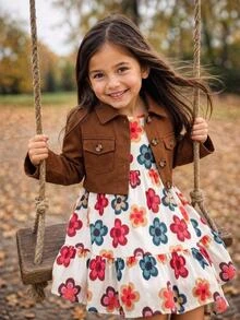 Emery Rose Kids Emery Rose Kids 少女編織素色休閒開襟衫與碎花細肩帶洋裝2件套 - 彩色 - 查看 2