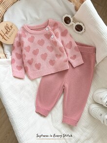 Cozy Pixies Newborn Heart Pattern Long Sleeve Belly Protector Pants Sweater Set, Suitable For Valentine's Day, Christmas, New Year, Holiday, Casual And Multiple Occasions - Pink - View 3