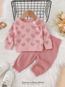 Cozy Pixies Newborn Heart Pattern Long Sleeve Belly Protector Pants Sweater Set, Suitable For Valentine's Day, Christmas, New Year, Holiday, Casual And Multiple Occasions - Pink - View 4