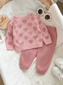 Cozy Pixies Newborn Heart Pattern Long Sleeve Belly Protector Pants Sweater Set, Suitable For Valentine's Day, Christmas, New Year, Holiday, Casual And Multiple Occasions - Pink - View 2
