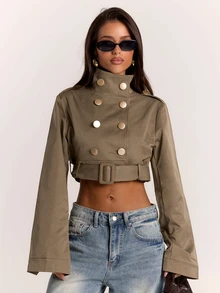 SHEIN BAE Women's Double-Breasted Long Sleeve Casual Jacket - Green - View 1