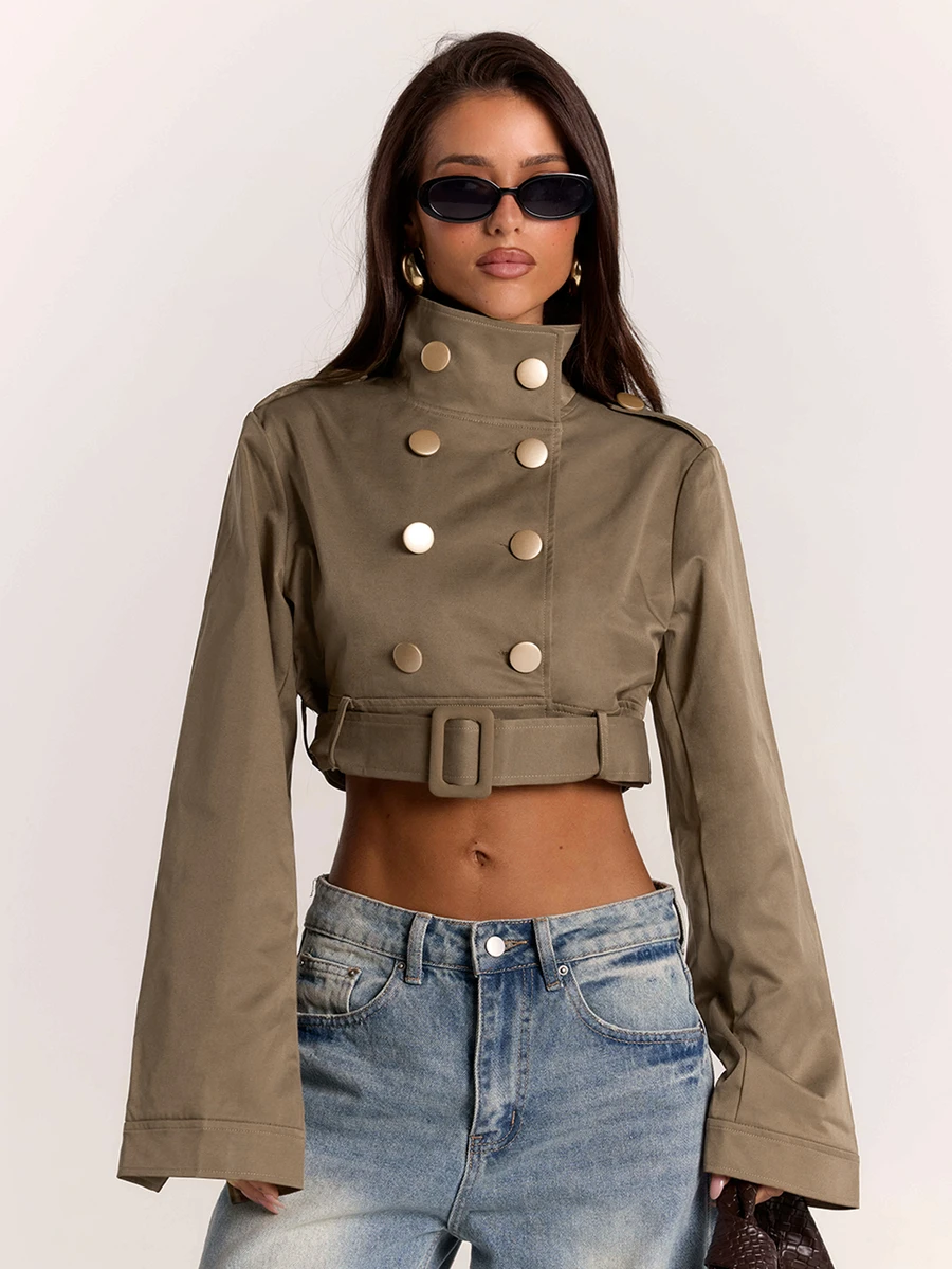 SHEIN BAE Women's Double-Breasted Long Sleeve Casual Jacket - Green - View 1