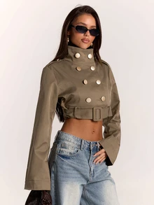 SHEIN BAE Women's Double-Breasted Long Sleeve Casual Jacket - Green - View 4