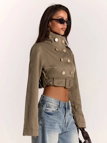 SHEIN BAE Women's Double-Breasted Long Sleeve Casual Jacket - Green - View 5