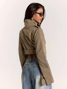 SHEIN BAE Women's Double-Breasted Long Sleeve Casual Jacket - Green - View 2