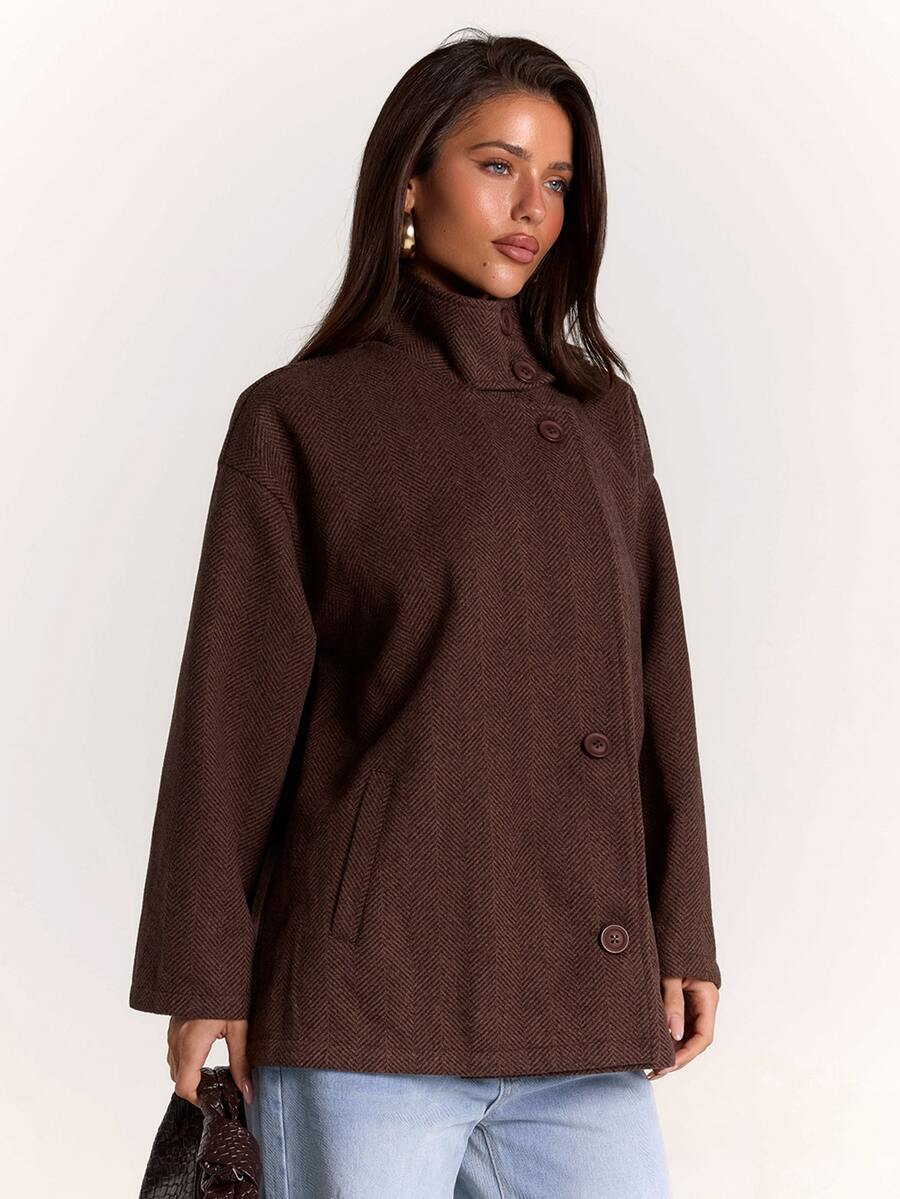 SHEIN BAE Women's Solid Color High Neck Button Decor Double Pocket Loose Casual Fashion Overcoat - Mocha Brown - View 1