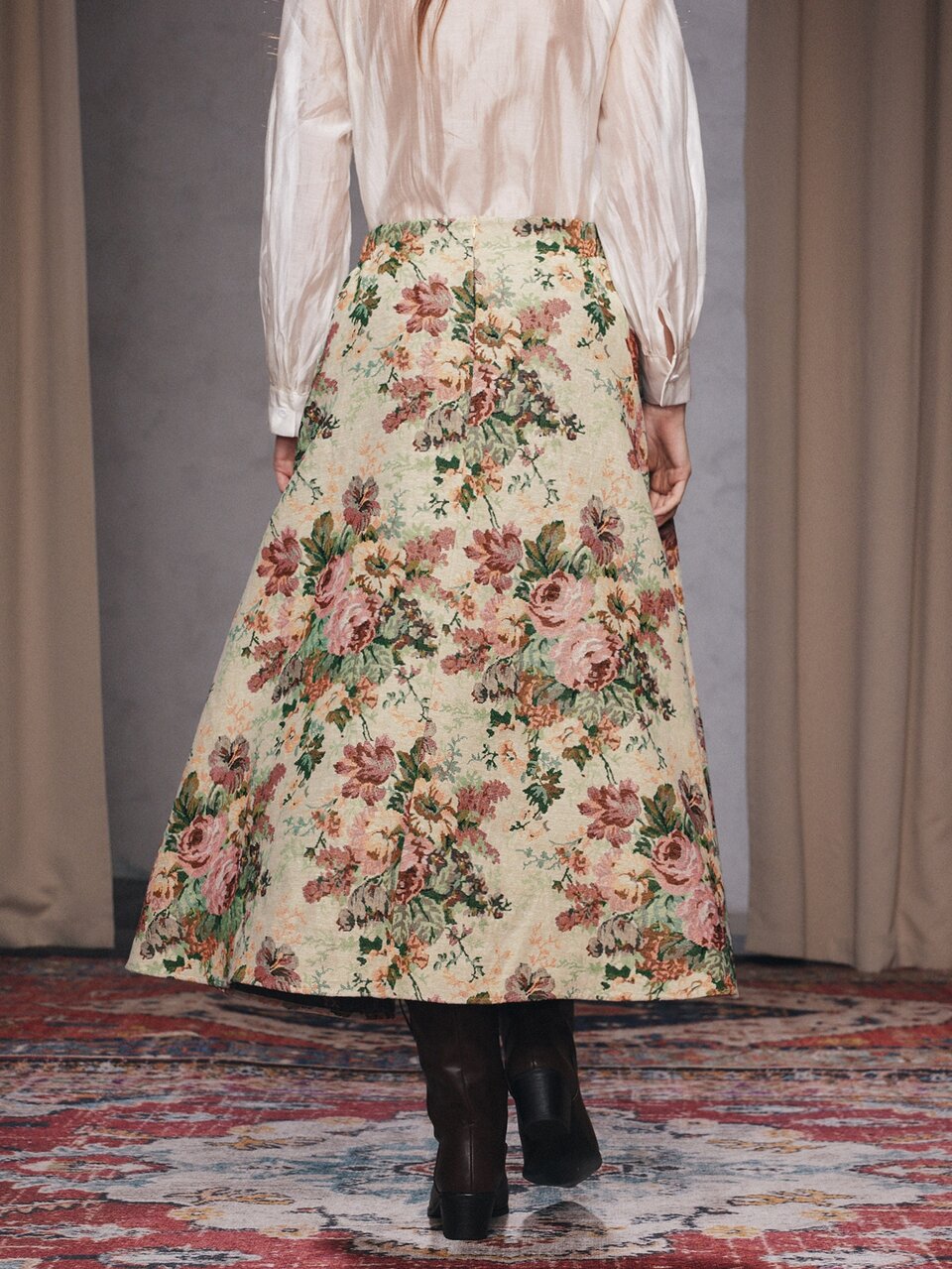 Vintage Oil Painting High Waist Random 3D Floral Jacquard A-Line Cinched Waist Skirt, Spring To Summer, Valentine Outfits For Women, Elegant Skirt For Women