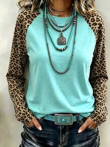 Resyla Women's Round Neck Raglan Leopard Print Colorblock Casual Everyday Long Sleeve T-Shirt - Multicolor - View 1