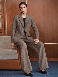 Anewsta Setelan Blazer Kotak-kotak Retro Kasual Serbaguna Gaya Retro Musim Gugur/Dingin dengan Celana Panjang Lurus dan Kancing Logam Pas Badan - MultiWarna - View 9