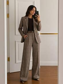 Anewsta Setelan Blazer Kotak-kotak Retro Kasual Serbaguna Gaya Retro Musim Gugur/Dingin dengan Celana Panjang Lurus dan Kancing Logam Pas Badan - MultiWarna - View 11
