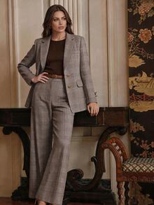 Anewsta Setelan Blazer Kotak-kotak Retro Kasual Serbaguna Gaya Retro Musim Gugur/Dingin dengan Celana Panjang Lurus dan Kancing Logam Pas Badan - MultiWarna - View 1