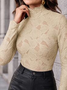 Anewsta Elegant Fashionable Sexy Versatile Fitted Sheer Textured Lace Long Sleeve Undershirt, Suitable For Fall, Winter, Spring, New Year, Party, Wedding - Khaki - View 2