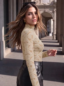 Anewsta Elegant Fashionable Sexy Versatile Fitted Sheer Textured Lace Long Sleeve Undershirt, Suitable For Fall, Winter, Spring, New Year, Party, Wedding - Khaki - View 6