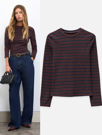 Nöista Navy Striped Long-Sleeve Top With Round Neck, Warm Fabric. Fall, Winter, Back To School, University, T-Shirt, Brunch, Day To Night.