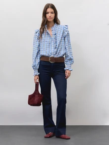 Nöista Blus Gingham Biru dengan Kerah Berkerut, Kancing Depan, Lengan Mengembang, dan Manset Berkerut. Musim Gugur, Musim Dingin, Sehari-hari, Kantor, Acara, Elegan, Natal. - Biru - View 11