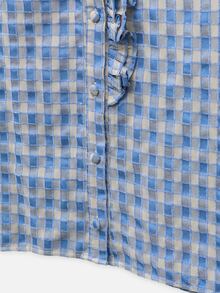 Nöista Blus Gingham Biru dengan Kerah Berkerut, Kancing Depan, Lengan Mengembang, dan Manset Berkerut. Musim Gugur, Musim Dingin, Sehari-hari, Kantor, Acara, Elegan, Natal. - Biru - View 10