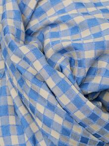 Nöista Blus Gingham Biru dengan Kerah Berkerut, Kancing Depan, Lengan Mengembang, dan Manset Berkerut. Musim Gugur, Musim Dingin, Sehari-hari, Kantor, Acara, Elegan, Natal. - Biru - View 9